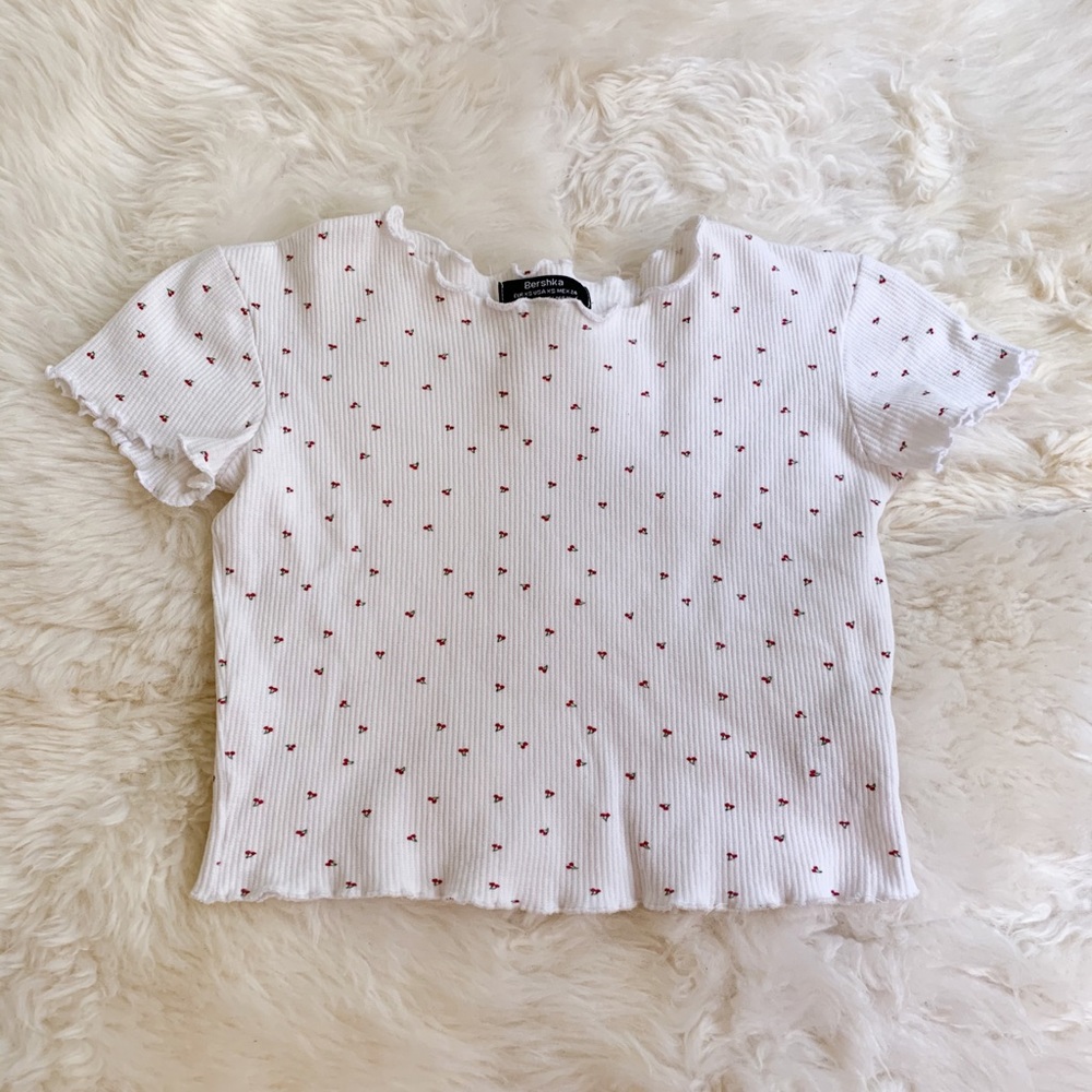 BERSHKA cherry pattern ripped lettuce edges crop top